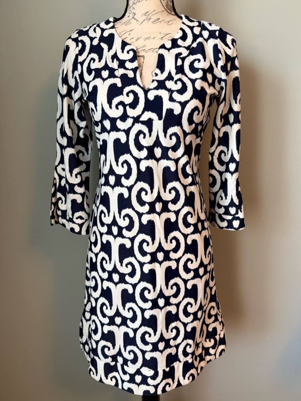 Jude Connally Megan Dress XS Navy White Print Jude Cloth Tunic 3/4 Sleeve